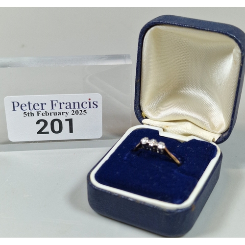 201 - 18ct gold and platinum diamond three stone ring, in fitted box. 2g approx. Size M. (B.P. 21% + VAT)