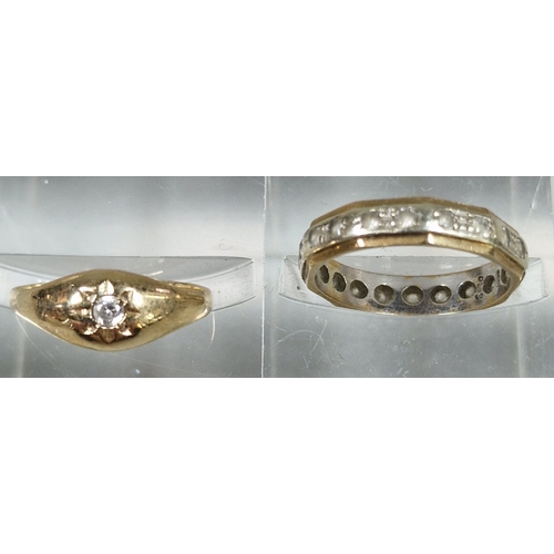 202 - 9ct gold ring inset with tiny diamond chip. Ring size I1/2. Together with a 9ct gold eternity style ... 