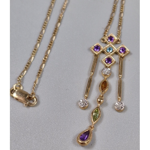 204 - 9ct gold fine link chain with chandelier type multi gemstone set pendant. 3.3g approx. (B.P. 21% + V... 