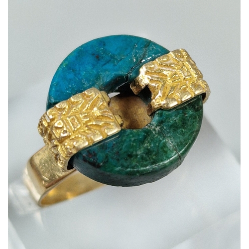 212 - Yellow metal, possibly Middle Eastern and turquoise stone contemporary ring. 5.5g approx. Size M1/2.... 