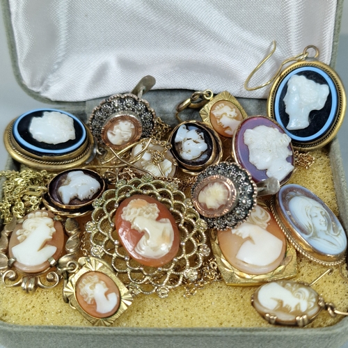 215 - Box of assorted cameo jewellery to include: earrings, chains and pendants, including a pair of 9ct g... 