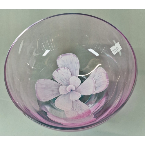 22 - Caithness Art Glass clear pink and green circular bowl with floral decoration. 18.5cm diameter x 13c... 