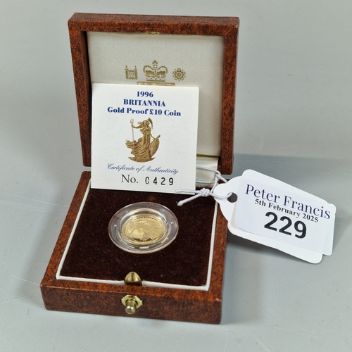 229 - Royal Mint 1996 Britannia gold proof Ten Pound Coin. 1/10 oz proof, in original box with COA. (B.P. ... 