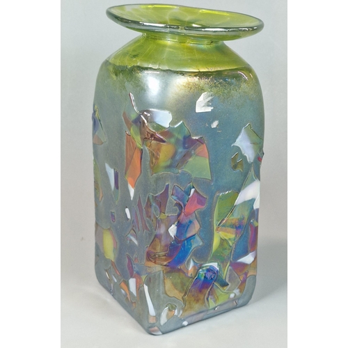 24 - Modern contemporary square section glass vase, on a yellow ground with raised iridescent decoration.... 