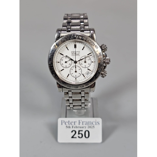 250 - Zenith El Primero gentleman's steel chronograph wristwatch, having white face with baton numerals an... 