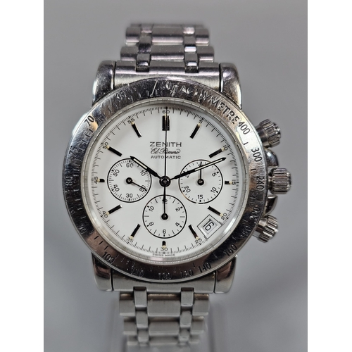 250 - Zenith El Primero gentleman's steel chronograph wristwatch, having white face with baton numerals an... 