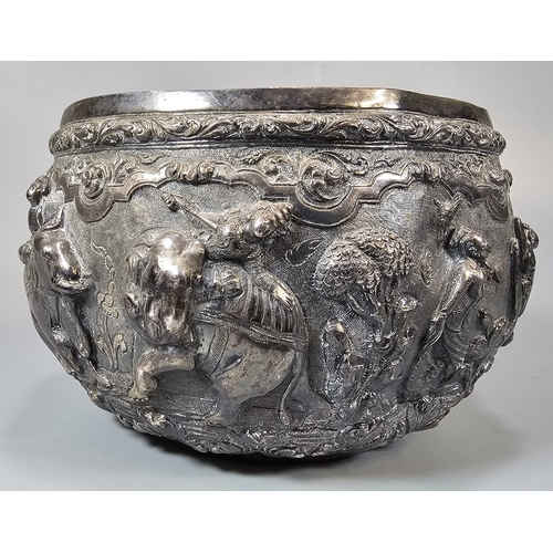 251 - Indian/Burmese white metal bowl, highly decorated in relief figures, animals including elephants, ra... 