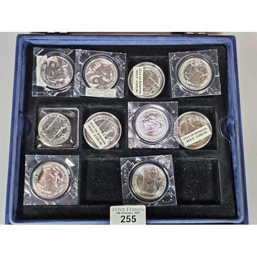 255 - Cased collection of Queen Elizabeth II silver £2 Britannia coins. (10). Together with various other ... 