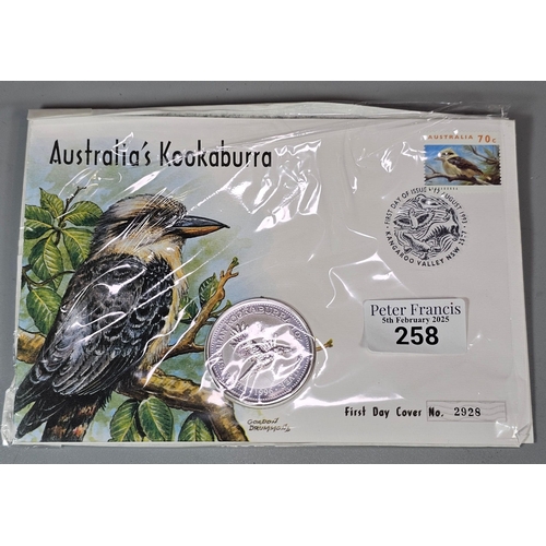 258 - Australian Kookaburra silver coin set First Day Cover, numbered 2928. (B.P. 21% + VAT)