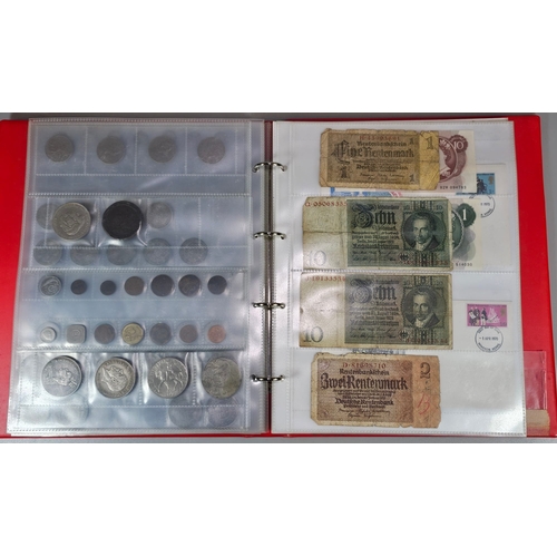 259 - Album of coins, banknotes and First Day Covers to include: GB coinage, silver Florins, silver and ot... 