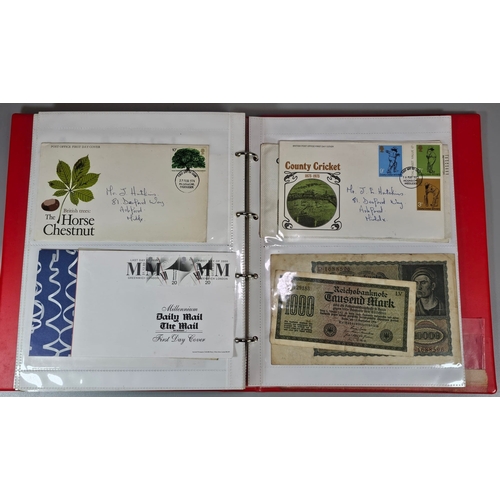 259 - Album of coins, banknotes and First Day Covers to include: GB coinage, silver Florins, silver and ot... 