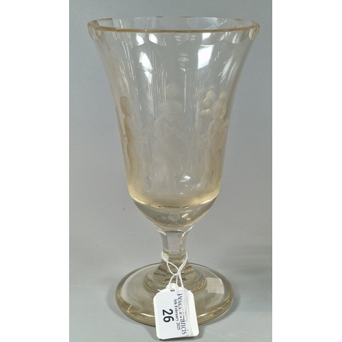 26 - Clear and frosted glass trumpet shaped goblet with flared neck and decorated overall with nude cheru... 