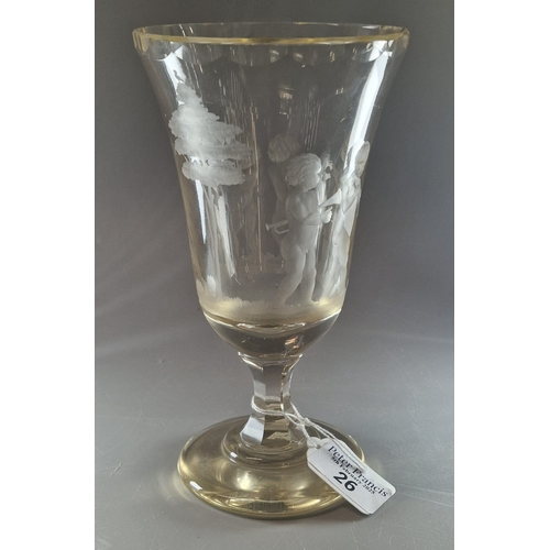 26 - Clear and frosted glass trumpet shaped goblet with flared neck and decorated overall with nude cheru... 