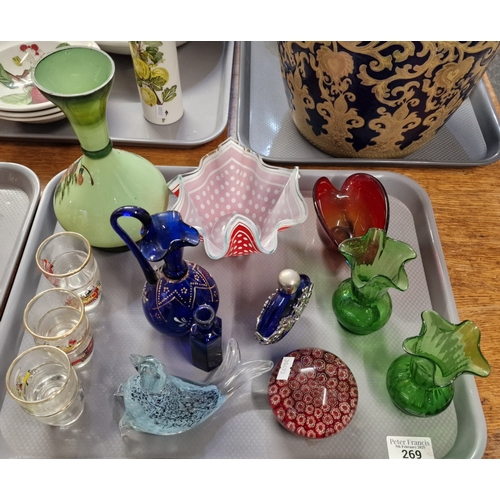 269 - Two trays of assorted glassware to include: Murano cane paperweight, handkerchief vase, Murano style... 