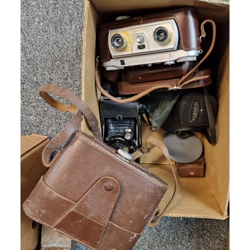 278 - Box of vintage cameras to include: Ross Ensign, Miranda, Kershaw Penguin, Ray London Stereographic e... 