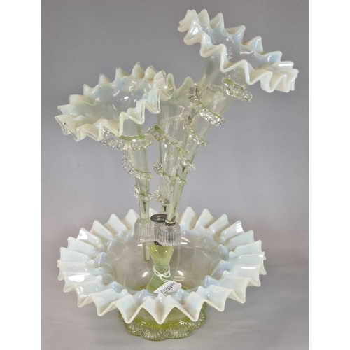 29 - Victorian Vaseline glass three section table epergne with centre bowl.   (B.P. 21% + VAT)