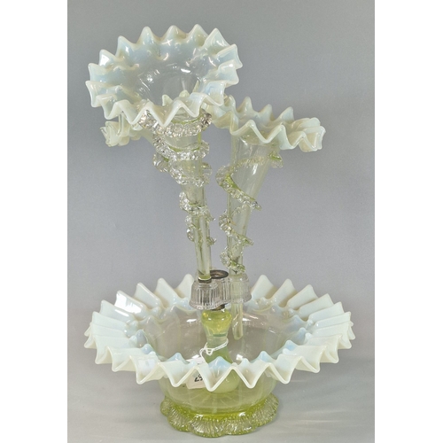 29 - Victorian Vaseline glass three section table epergne with centre bowl.   (B.P. 21% + VAT)