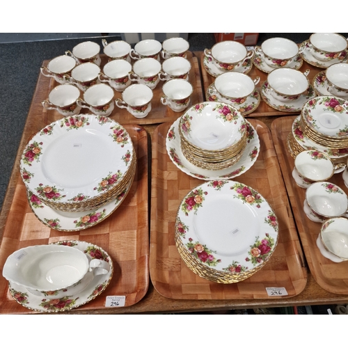 296 - Nine trays of Royal Albert bone china 'Old country Roses' design tea and dinner ware items to includ... 