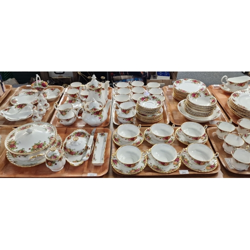 296 - Nine trays of Royal Albert bone china 'Old country Roses' design tea and dinner ware items to includ... 