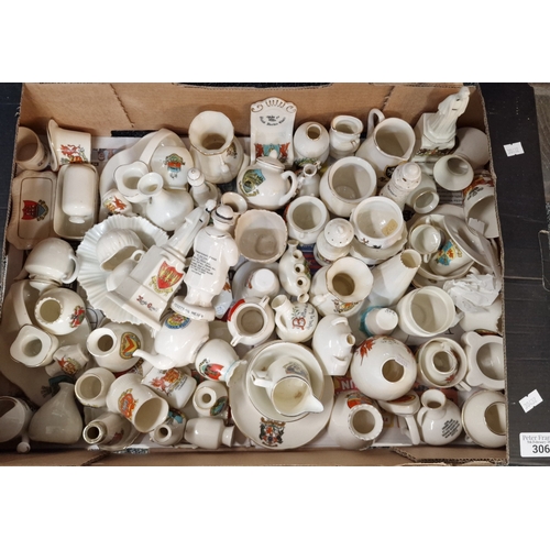 306 - Large collection of Crested Ware to include: vases, jugs, teapot, figurine with motto 'Here's Tar Me... 