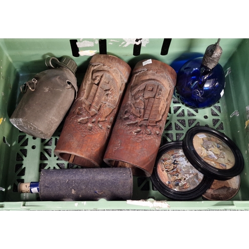 307 - Box of oddments to include: pair of Japanese carved bamboo brush posts, three transfer printed Pratt... 