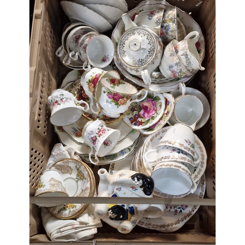 311 - Three boxes of assorted mainly china items to include: various tea ware, Royal Albert, Masons jug, W... 