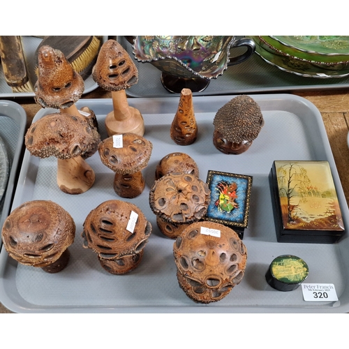 320 - Collection of Banksia wooden mushrooms/trees, together with three lacquered probably Russian boxes. ... 