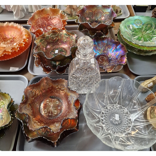 332 - Five trays of mainly Carnival Glass items to include: bowls, bonbon dishes, vases etc., together wit... 