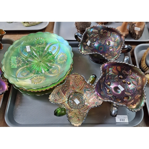 332 - Five trays of mainly Carnival Glass items to include: bowls, bonbon dishes, vases etc., together wit... 