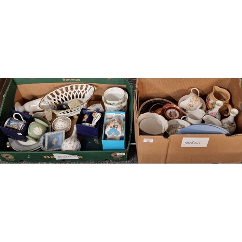 337 - Two boxes of china to include: Wedgwood Jasperware pin trays and similar items, The Royal Collection... 