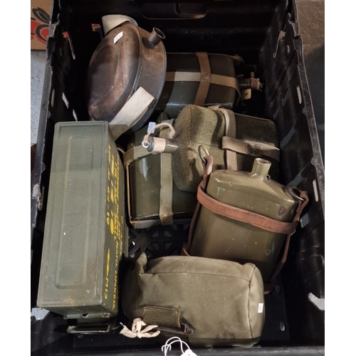 340 - Box containing six Army style canteens and one small metal ammunition box for 7.62 NATO rounds. (B.P... 