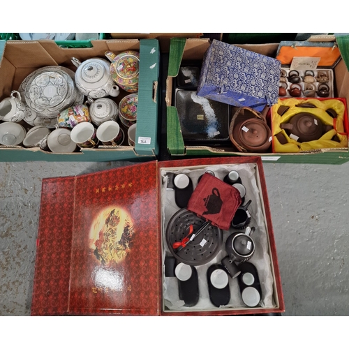 362 - Two boxes of Oriental and Oriental style ceramics to include: tea cups and saucers, Yixing teapots a... 