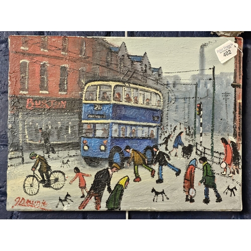 402 - James Downie (British 20th century), figures and double decker bus in a street, signed. Oils on canv... 