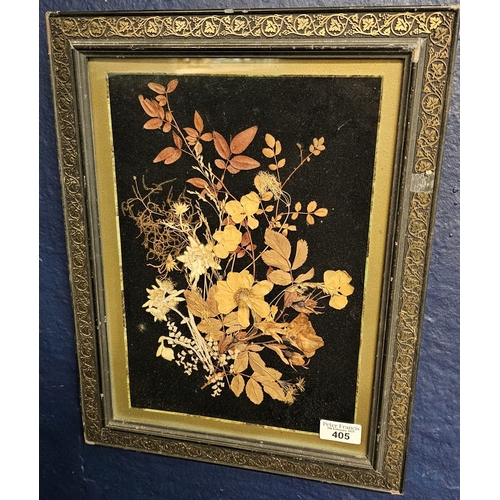 405 - Framed collage of dried flowers and foliage.  32x24cm approx.   (B.P. 21% + VAT)