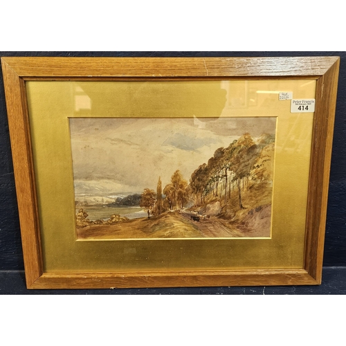 414 - British School (19th/early 20th century), river landscape with cattle on a byway. Watercolours. 20x3... 