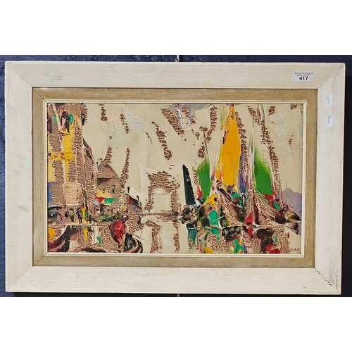 417 - George R Deakins (British 20th century), harbour scene, signed. Oils on board. 31x50cm approx. Frame... 