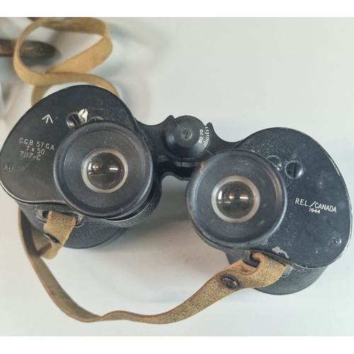 50 - Pair of Military 1944 R.E.L. - Canadian binoculars, in fitted leather case.  (B.P. 21% + VAT)