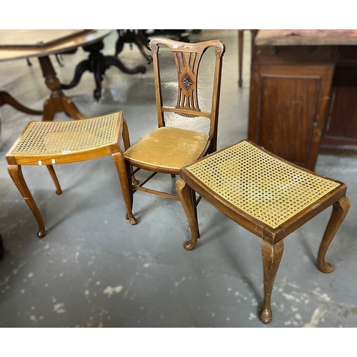 590 - Two similar cane stools on cabriole legs, together with an Edwardian parlour/side chair. (3)  (B.P. ... 