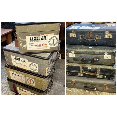 596 - Collection of vintage luggage/cases, mostly bearing labels for Anchor Line Karachi to Liverpool. (8)... 