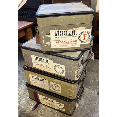 596 - Collection of vintage luggage/cases, mostly bearing labels for Anchor Line Karachi to Liverpool. (8)... 