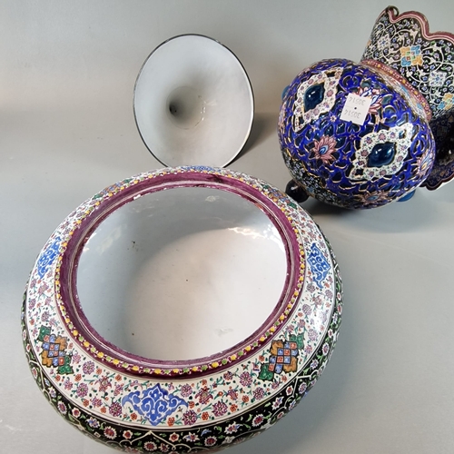 60 - Two Persian style polychrome enamelled items comprising a lidded bowl (24cm diameter approx.) togeth... 