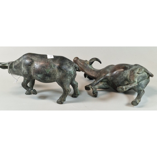 61 - Pair of probably Chinese cast bronze Water Buffalo, 19cm from nose to tail approx. Unmarked. (2) (B.... 