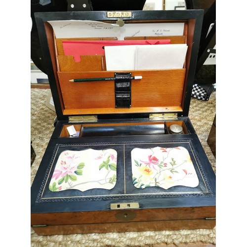 109 - Late Victorian burr walnut writing slope, the turned and moulded top with presentation plaque dated ... 