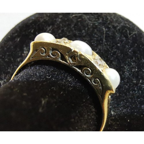 193 - 18ct Victorian gold pearl and diamond ring. 3.2g approx. Size O. Together with a silver five clear s... 