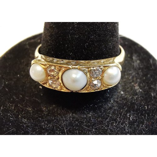 193 - 18ct Victorian gold pearl and diamond ring. 3.2g approx. Size O. Together with a silver five clear s... 