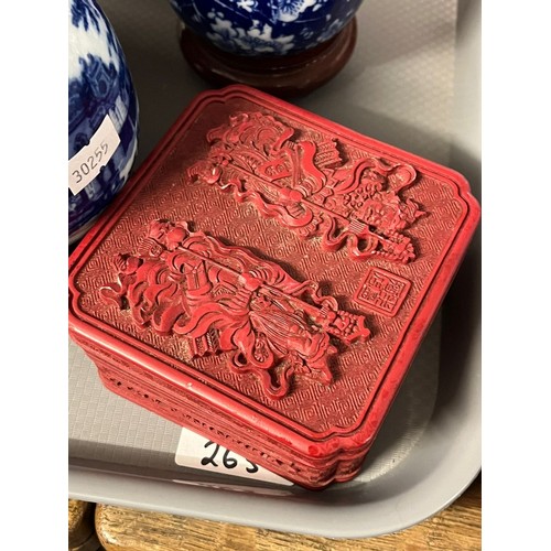 263 - Three trays of ceramics to include: reproduction  blue and white foliate jars and covers, Ringtons t... 