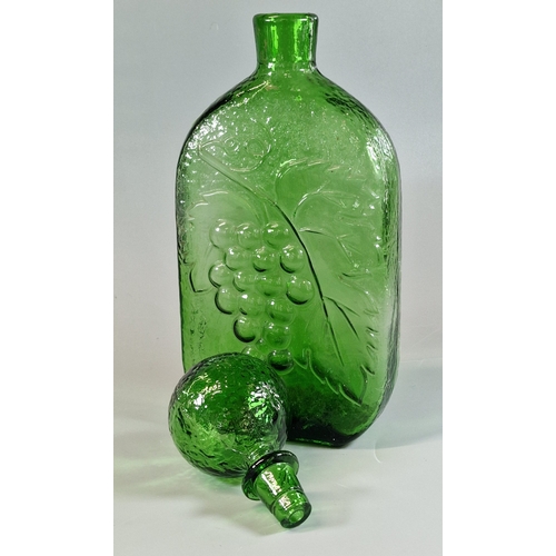 15 - Green glass flask shaped decanter and stopper, decorated with grapes and vines, together with a Roma... 