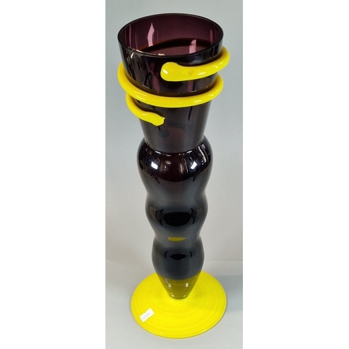 17 - Franz Welz, 1930s amethyst Bohemian glass vase with yellow snake twist decoration. 45.5cm high appro... 