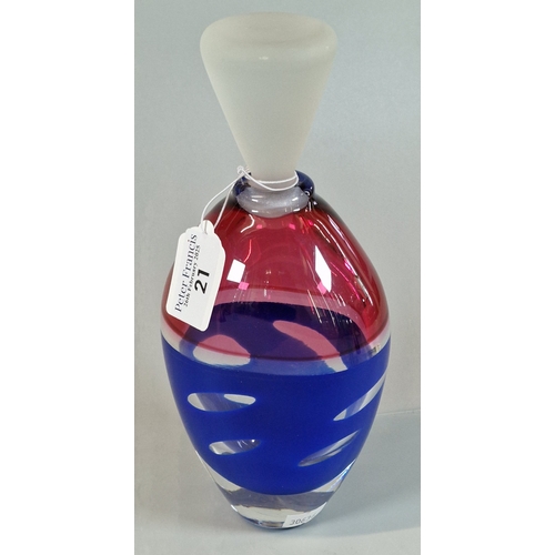 21 - Stuart Akroyd, Art Glass scent bottle with conical shaped frosted stopper. Label to the base area. 2... 