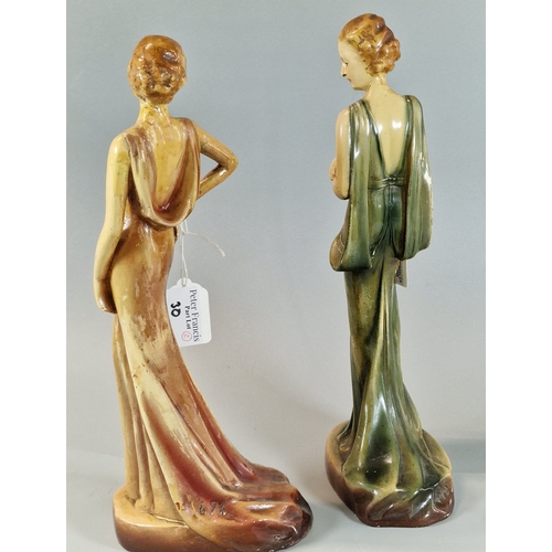 30 - Two similar 1920s coloured plaster figures of Art Deco ladies. 32cm high approx. (2) (B.P. 21% + VAT... 